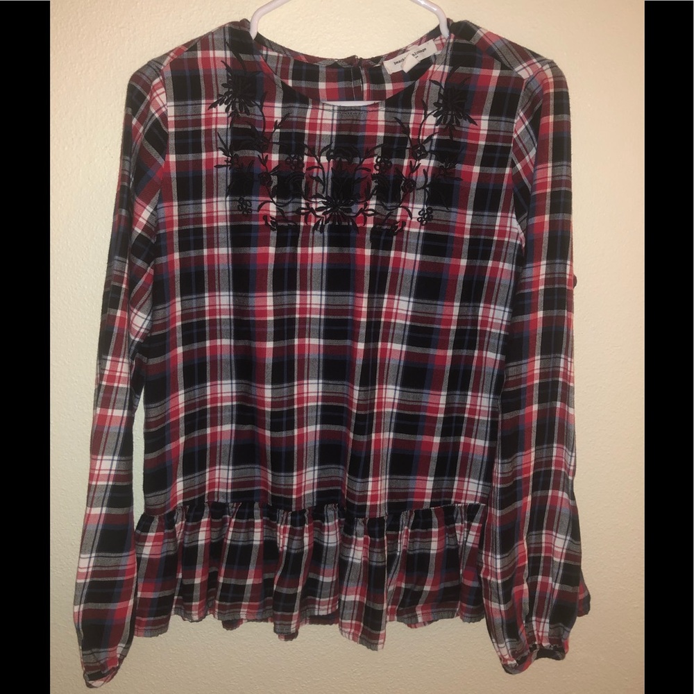 Red, White, Navy & Black Plaid Embroidered Peplum Shirt M by BeachLunchLounge